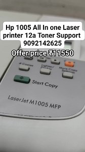 *HP LaserJet 1005 All-in-One Printer* 9092142625 --- 🖨️ *HP LaserJet 1005 MFP – Key Specifications* ✅ *Functions:* - Print, Copy, Scan (All-in-One) 🖨 *Printing:* - *Print technology:* Monochrome Laser - *Print speed (A4):* Up to *14 ppm* - *Print resolution:* Up to *600 × 600 dpi* - *First page out:* ~13 seconds - *Monthly duty cycle:* Up to *5,000 pages* 🧾 *Copy:* - *Copy speed:* Up to *14 cpm* - *Copy resolution:* Up to *300 × 300 dpi* - *Max copies:* Up to *99* - *Reduce/Enlarge:* 50%–150%