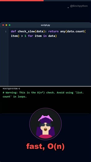 Performance Hack: Stop using list comprehensions for duplicate checks! Use native... #Python #Shorts