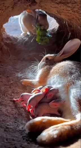 🐰🥬💖 Tunnel Love: Daddy Rabbit Enters Burrow to Feed Nursing Mom!
