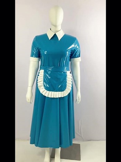 Lockable PVC French Maid Cosplay Short Sleeve Turtleneck Long Dress with Apron
