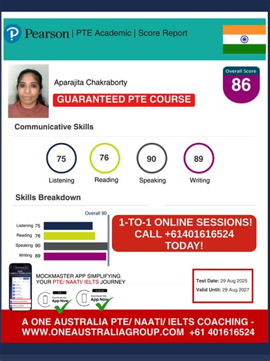 BEST PTE COACHING! BEST PTE CLASSES! Want 7 each or 8 each in PTE without wasting months on random practice? It’s time to train with the Best PTE Coaching in Australia – A One Australia Education Group. Our one-to-one PTE training sessions helped our student Aparajita achieve Band 9 in Speaking, proving that the right strategy and expert guidance can completely change your PTE results. If you’re serious about achieving PTE 79 or PTE 90, you need structured templates, real exam strategies, and ex