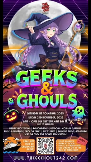 🎉Nassau Bahamas🎉✨️Its almost time for The Geek Out: Geeks & Ghouls! 👻🎮 🧙‍♀️ Get your cosplay ready, sharpen those gaming skills, and gather your crew for the ultimate weekend of geek culture in The Bahamas! 🗓️ November 1st and 2nd, 2025 📍 Le Chateau, East Bay Street ⏰ 11AM–10PM ✨ Two days of anime, cosplay, gaming, art, music, prizes, and spooky fun! Enjoy Nassau’s hottest DJs, local vendors, performances, sip ’n paint, trick or treat, balloon tying, Sakuna Finger Scavenger Hunt, showcase