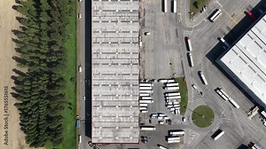 logistics and transportation company, loading bays. Top down aerial view.