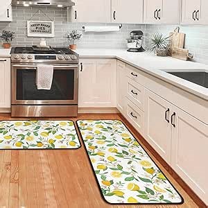 Lemon Kitchen Rugs and Mats Non Skid Washable Absorbent Microfiber Kitchen Mat for Floor, Kitchen Mat Set of 2 Lemon Kitchen Decor Stain Resistant 17"x47"+17"x30"