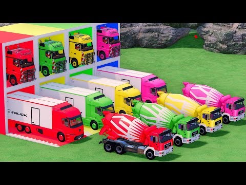 Trucks With COLORS - MAN MIXER TRUCK and MERCEDES BOX TRUCK with FLATBED TRAILER TRUCK - FS22