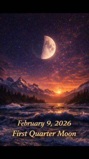 👉February 9, 2026 – First Quarter Moon 🌗 First Quarter Moon On February 9, 2026, the Moon reaches its First Quarter phase, meaning half of its surface will be lit by the Sun. This stage marks the midpoint between the New Moon and Full Moon and is often seen as a time to evaluate progress and make choices. 🕘 Best Viewing Time: Around 9:00 PM UTC 🌎 Where You Can See It: Visible across the world, with especially clear views in the Northern Hemisphere 🔭 Visibility: Bright and easy to spot witho