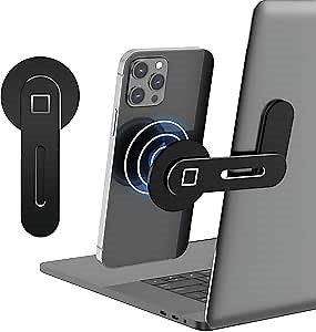 BLUE.OCEAN Magnetic Phone Holder for Laptop Designed for iPhone 15/14/13/12 MagSafe, Adjustable Phone Monitor Side Mount, Slim Portable Foldable Computer Expansion Bracket (Black)
