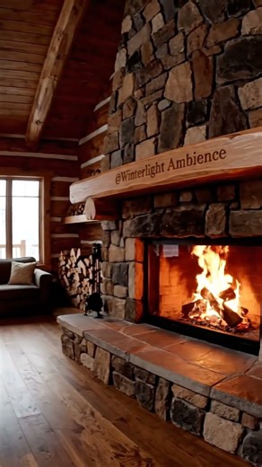 Cozy Log Cabin Bedroom Winter Fireplace Snow View Rustic Interior