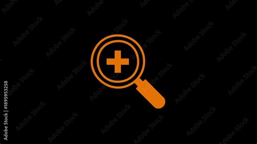 A simple, flat orange magnifying glass icon with a plus (+) symbol inside the lens, set against a solid black background. The design represents zoom-in, search, magnification,