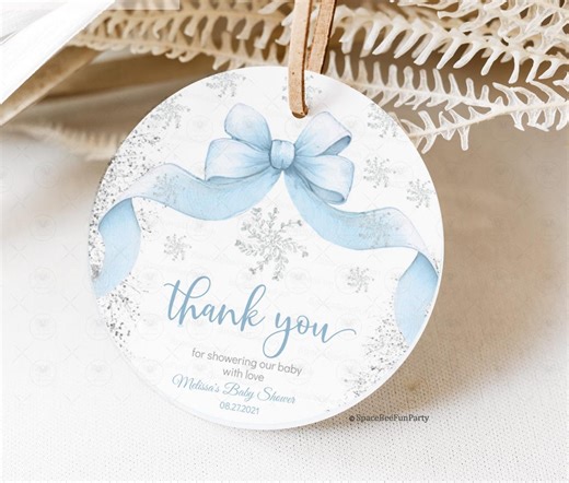 Snowflake Baby Shower Favor Tag, A Little Snowflake is on the Way, Bow Blue Winter Gift Tag Thank You Tag, Editable Template Printable DD1 - Etsy