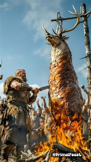 Epic Feast: Viking Warrior Roasts Giant Venison Over Fire! #shorts