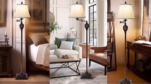 Traditional LED Floor Lamp with 350° Adjustable Swing Arm Lamp – Vintage Standing Pole lamp for Living Room, Bedroom and Office – Rustic Upright Floor Light for Home Décor with Faux Silk Fabric Shade