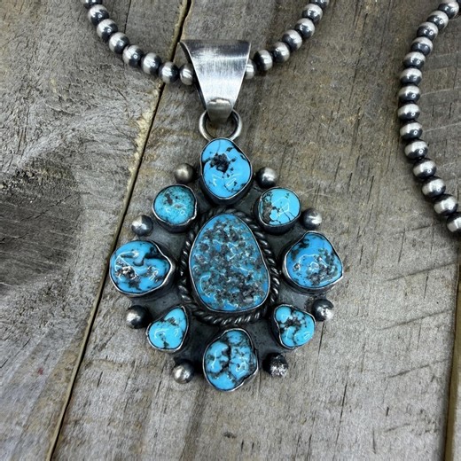 Navajo Made Sleeping Beauty Turquoise 9 Stone Pendant Necklace With 22” Pearl Bead Chain by Wilson Dawes - Etsy