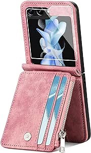LINYUNE Galaxy Z Flip 5 Wallet Case, Detachable Card Holder with Protecter, Retro Zipper Leather Flip Phone Cover for Samsung Galaxy Z Flip 5 (Retro Pink)