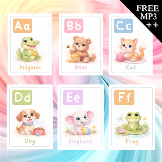 Animal Alphabet Flashcards A–Z | Watercolor Animals | Printable Flash Cards   BONUS MP3 Song