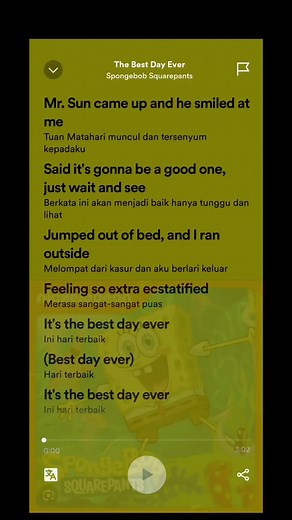 Lirik Terjemahan The Best Ever Day - SpongeBob SquarePants #lirikterjemahan #spotifylirics_ #musixmatch #spongebobsquarepants #videostory #arizmaharaj #fypシ #fyp #yukyukfyp #xyzbca #medantiktok #ceritakita🤟 #spongebobthebestdayever #nickelodeon