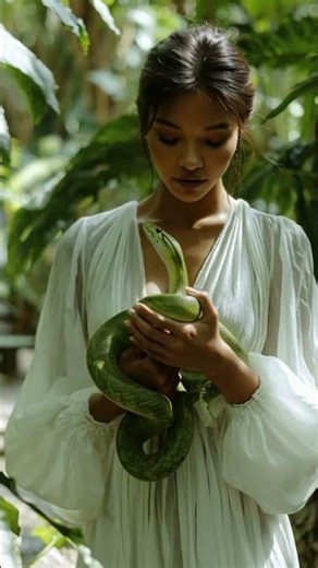 Woman in White Dress Gently Holding Green Tree Python 🌿🐍 | Tropical Rainforest Cinematic #shorts
