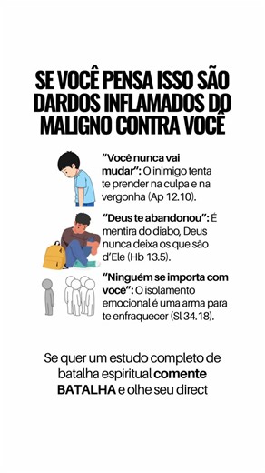 Ângelo | Bíblia on Instagram: "Se você quer aprender sobre BATALHA ESPIRITUAL de forma bíblica, comente “BATALHA” que você receberá uma mensagem no direct com as informações 👉🏻 Aquisição por contribuição (Você contribui com o valor que pode, não tem valor ficado no estudo). Veja só os temas do estudo 👇🏻 ✅ Capítulo 1. O que é batalha espiritual? ✅ Capítulo 2. O papel da oração na batalha espiritual - Como criar o hábito da oração ✅ Capítulo 3. A importância da Palavra de Deus na batalha espir