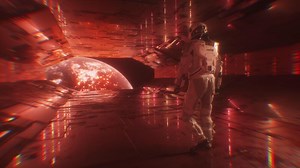 Download Sci-Fi Astronaut Walking In Tunnel with view on Apocalyptic Burning Planet Earth for free