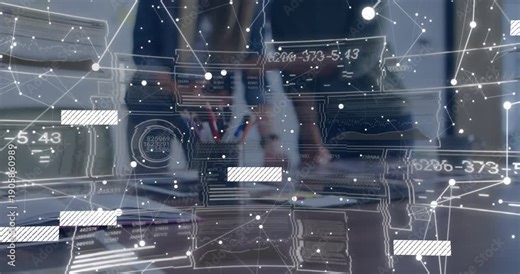 Data overlay animating over meeting table, two women leaning, pointing, sorting papers for business