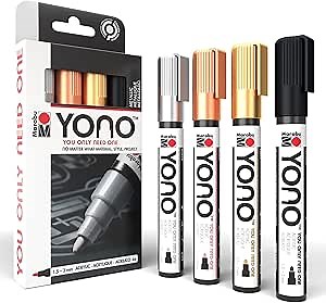 Marabu YONO Metallic Paint Markers - Unleash Your Inner Artist - Transform Any Surface With These 4 Acrylic Paint Markers for Canvas, Rocks, Mugs, Shoes & More