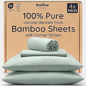 Bambaw 100% Viscose Derived from Bamboo Sheets Full Size Set – 4pcs Cooling Sheets for Hot Sleepers, Super Soft Full Size Sheet Set, with Elastic Corner Straps, Hotel Luxury Bedding (Sea Glass)
