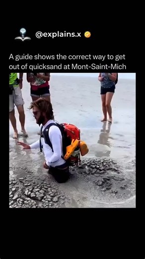knowledge on Instagram: "Dealing with quicksand is a lesson in non-Newtonian fluid dynamics. Quicksand is just a supersaturated mixture of sand and water that appears solid until you apply pressure, causing it to “liquefy.” The more you struggle, the more you displace the water, packing the sand tight around your limbs and creating a powerful vacuum. To escape, you have to lean back to distribute your weight across a larger surface area, preventing you from sinking deeper. Guides at Mont Saint-M