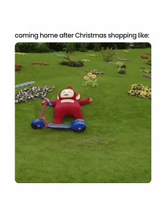 Finally home from Christmas shopping... time for Tubby bye-bye! GIF: Po, the red Teletubby, parks the scooter and lies down on the grass. | Teletubbies