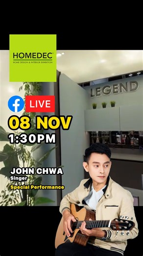 1.5K views · 13 reactions | EP261 HOMEDEC BOOTH TOUR 8 NOV 2025 (SATURDAY)  Special Performance  Singer : John Chwa Follow our FB Live at 1:30PM - 3:30PM to learn more #LegendKitchen #Ailuminium #HOMEDEC #KLCC #BoothTour #DesignAndBuild | Legend Kitchen | Facebook
