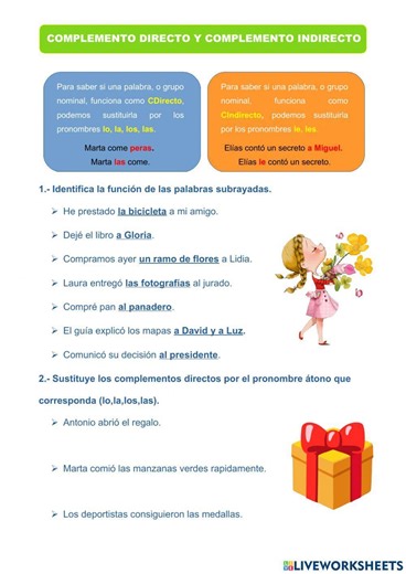 Complemento directo e indirecto worksheet for 6º EP