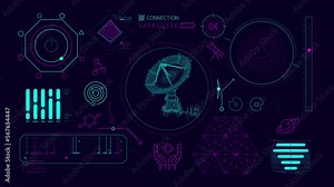Animated infographics on the theme of radio astronomy and space observation.