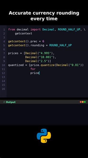 Python chaos expert on Instagram: "Decimal Quantized Billing Accurate currency rounding every time Guarantee finance-safe rounding rules with Decimal quantize and custom contexts. #python #pythontricks #codingtips #programmingtutorial #pythondecimalprecision #pythonquantizedbillingtutorial #pythonaccuratecurrencytopic #pythoncurrencyroundingtopic #pythonaccuratecurrencyroundingtopic #pythonguaranteefinanceidea #pythonfinanceroundingidea #pythonroundingquantizeidea"