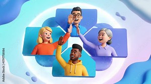 A diverse remote team collaborates in a virtual meeting with 3D cartoon avatars in floating video tiles. An orbiting camera captures teamwork, communication, and connection.