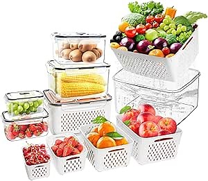 6PCS Large Fruit Containers for Fridge - Airtight Food Storage Containers with Removable Colander, Dishwasher Safe Berries Containers with Handle Keep Fruits, Vegetables, Meat Fresh longer
