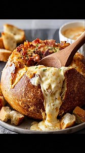 🧀🥓 CHEESE & BACON COB LOAF DIP 🍞🔥 Warm, gooey cheese dip with crispy bacon and caramelized onion baked inside a crusty bread bowl—party perfection! INGREDIENTS: 1 cob loaf (round bread loaf) 8 oz cream cheese ...... Full Recipe in Coʍmеոτ 💬 | The Saucy Plate