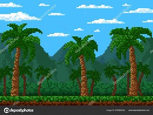 Jungle Forest Bit Pixel Game Level Landscape Palms Vector Cartoon