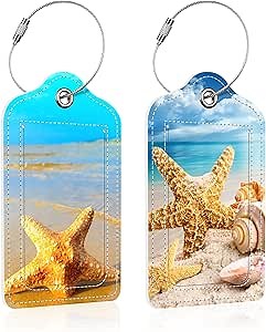 2 Pack Beach Shells Luggage Tag for Suitcase,Starfish PU Leather Suitcase Tags Identifiers with Privacy Name Address Labels and Steel Loop for Women Men Travel