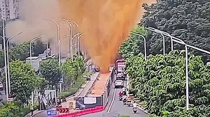 Moment sewage pipe erupts like volcano and showers motorists with human waste from 33ft