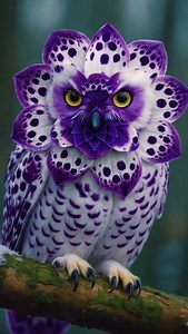 — The Owliflora 🪶 Traits : 🎨 Main colors: Deep purple, snowy white, black accents 🌸 Feature: A mystical owl with a flower-like head, formed by perfectly symmetrical feather petals 📍 Spotted in: Białowieża Forest, Poland 🇵🇱 📝 Description : The Owliflora is a dreamlike creature that emerges at dawn in frozen forests. Its purple petal-like plumage shimmers with a magical glow, blending seamlessly with frost-covered flora. Local legends say that gazing into its golden eyes brings wisdom and s