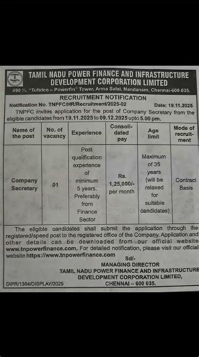 TNPFC Company Secretary Job 2025 | Finance Sector | Apply Before 09 Dec #TNPFC #JobsTN