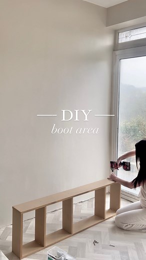 DIY boot area 💗 We literally use this little space soooo much and I’m so thankful of the storage we added here. It gives us access to our back gardens and will shortly be our main access to the house whilst the other building work gets done! The vinyl flooring we added gives us a nice break from the fresh cream carpets, meaning we don’t need to worry about muddy paws coming inside as they can be easily cleaned in this section first 🐾 #bootroom #bootarea #cloakroom #cloaks #coatarea #coatstorag