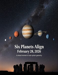 🌞🪐 Six-Planet Alignment — February 28, 2026 On February 28, 2026, six planets appear arranged along a shared arc of the sky, a visual alignment created as their orbits place them on the same side of the Sun from Earth’s perspective. While not forming a perfectly straight line in space, their positions along the ecliptic make the alignment striking to observe. This configuration arises from the flat, disk-shaped structure of the solar system. All major planets orbit within roughly the same plan