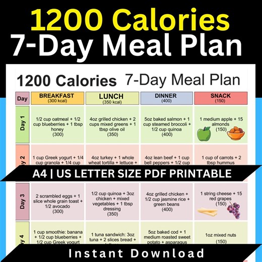 1200 Calorie 7-day Meal Plan, Weekly Planner (printable PDF) - Etsy