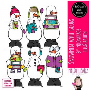 Snowmen with books clip art, Winter clip art Mini