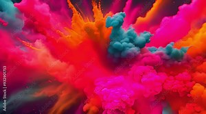 A vibrant explosion of colored powders, creating an aesthetically pleasing visual effect that is both dynamic and mesmerizing