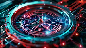 Futuristic glowing compass on a circuit board, representing advanced navigation technology and innovative design in a high-tech environment