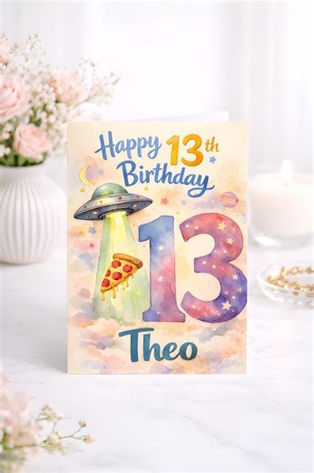 Personalised 13th Birthday Card, Alien UFO Space Theme, Teenage Boy Birthday Party, Galaxy Watercolor - Etsy