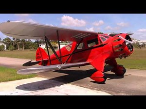 1933 WACO Cabin Biplane Takeoff with radial engine sound