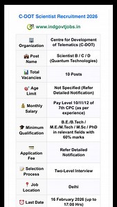 76 reactions | *✅ CDOT Scientist Recruitment 2026 Notification & Online Form (10 Vacancies)*  Scientist - 10 posts  Educational Qualification: Engineering Degree  Last Date: 16/02/2026  Apply Details: https://www.indgovtjobs.in/2026/01/cdot-scientist-recruitment-2026.html #indgovtjobs #jobalert #govtjobs #scientist | Ind Govt Jobs | Facebook