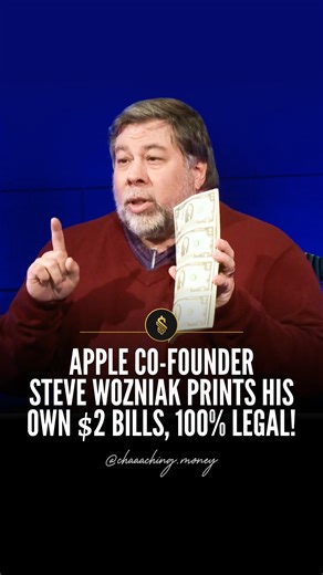 Business | Motivation | Technology on Instagram: "People think it is fake money! Steve Wozniak prints $2 bills, turns them into notepads, and spends them! Handing someone a $2 bill… but peeling it off like a sticky note? That’s exactly what Steve Wozniak, the co-founder of Apple, does! His obsession with this rare denomination led him to order uncut sheets of $2 bills directly from the U.S. Treasury, slice them up, and glue them into pads. When he spends them, people are shocked or downright con